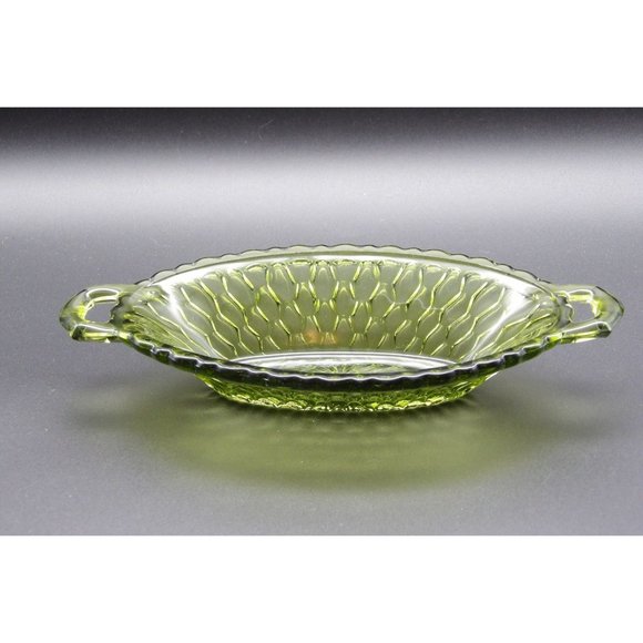 Vintage Indiana Glass Avocado Green Honeycomb Oval 2 Handled Relish Dish Bowl Tr - Picture 9 of 10